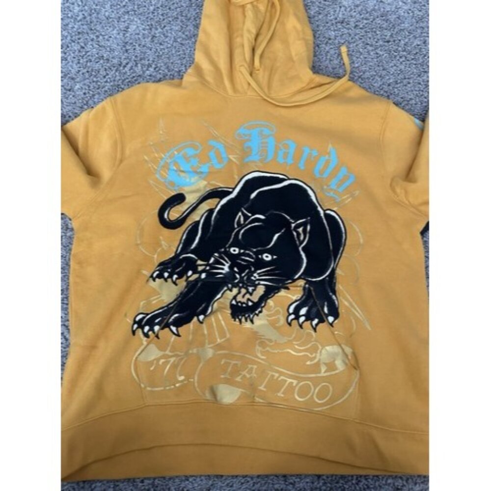 Ed Hardy Mens Yellow Black Panthers Graphic Print Hoodie Size XL Pockets - Picture 5 of 15